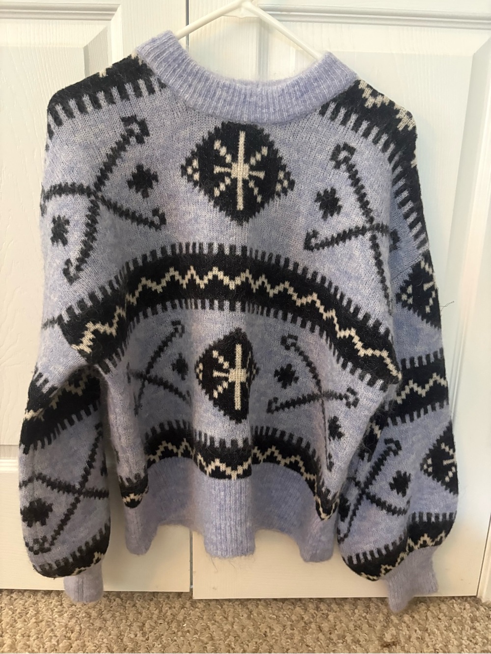 NWT Zara Lavender Blue Crew Neck fair isle print Sweater mohair Medium
